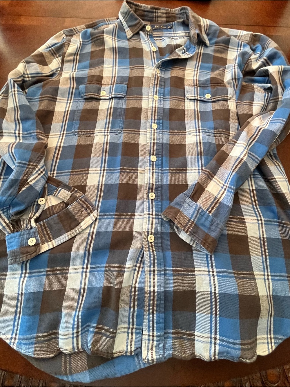 Ralph Lauren Blue and Brown Plaid Button-Down Long Sleeve Shirt